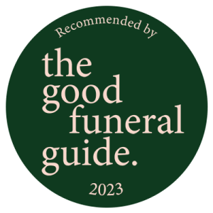 Award badge says 'Recommended by The Good Funeral Guide 2023'